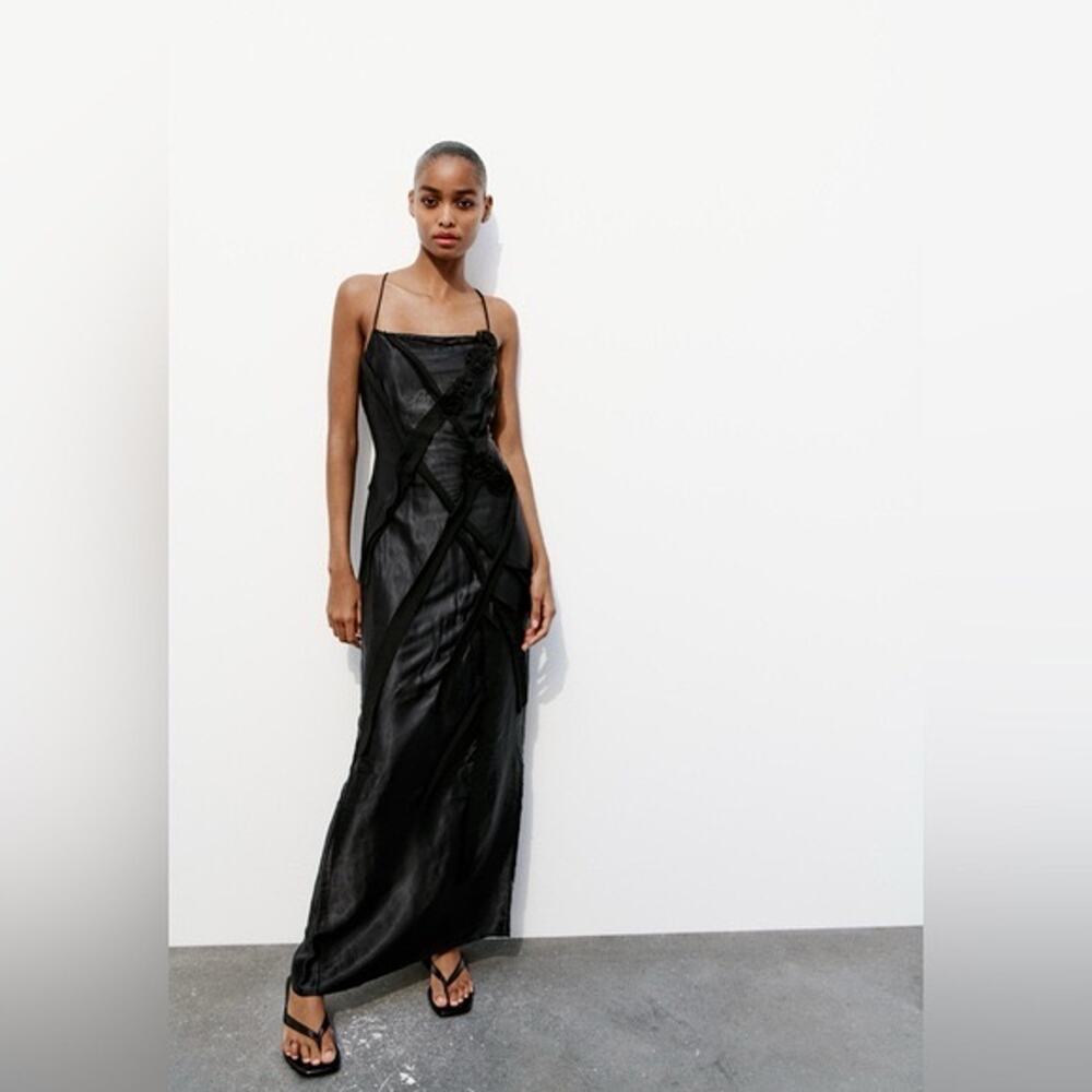 Zara Satin Midi Slip Dress Size M Black Rushed Fairy Goth Witchy Whimsygoth - Picture 2 of 16